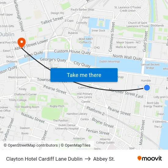 Clayton Hotel Cardiff Lane Dublin to Abbey St. map
