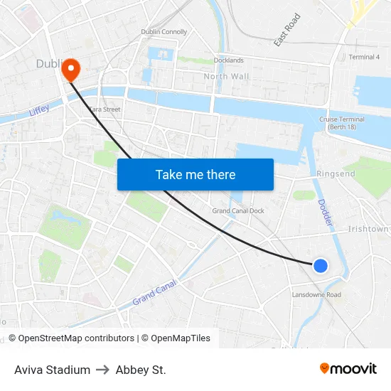 Aviva Stadium to Abbey St. map