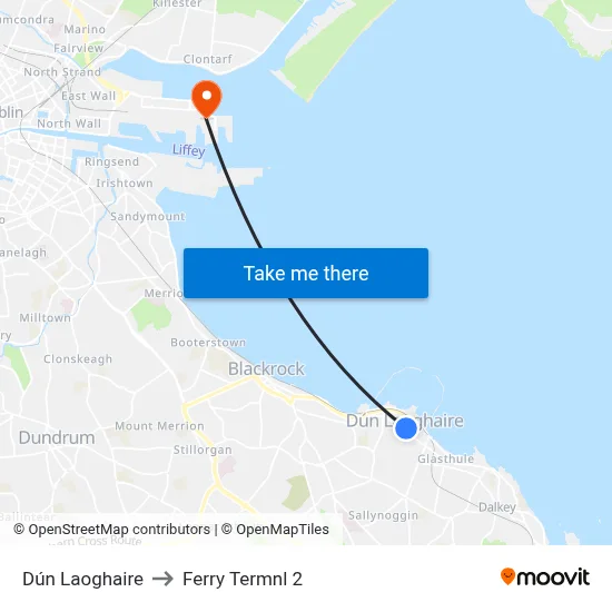 Dún Laoghaire to Ferry Termnl 2 map