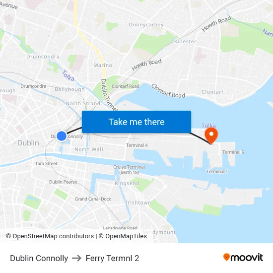 Dublin Connolly to Ferry Termnl 2 map