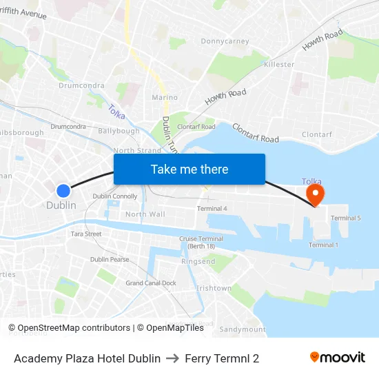 Academy Plaza Hotel Dublin to Ferry Termnl 2 map