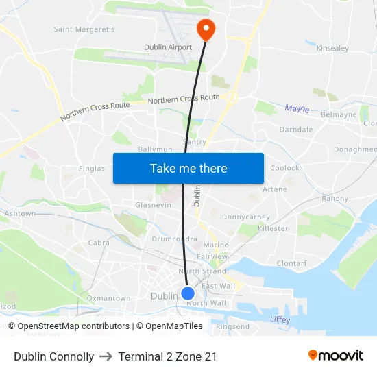 Dublin Connolly to Terminal 2 Zone 21 map