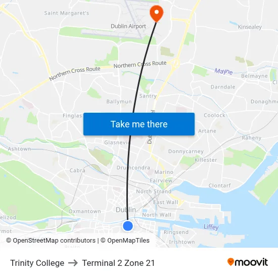 Trinity College to Terminal 2 Zone 21 map