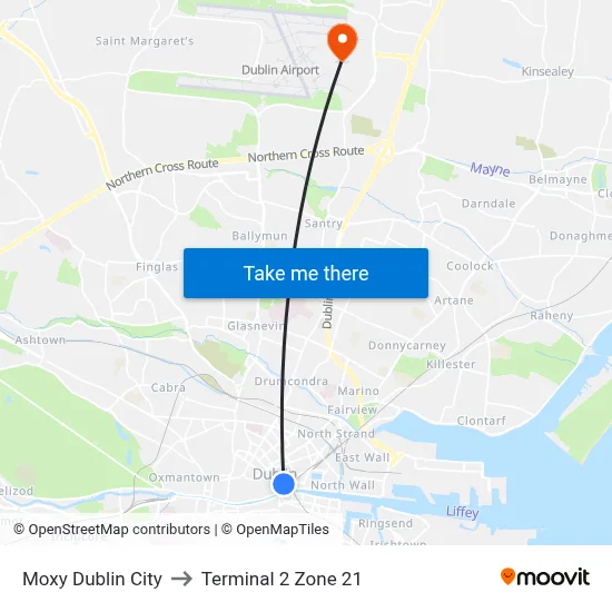 Moxy Dublin City to Terminal 2 Zone 21 map