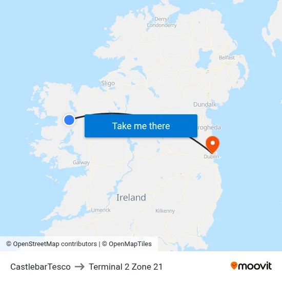 CastlebarTesco to Terminal 2 Zone 21 map