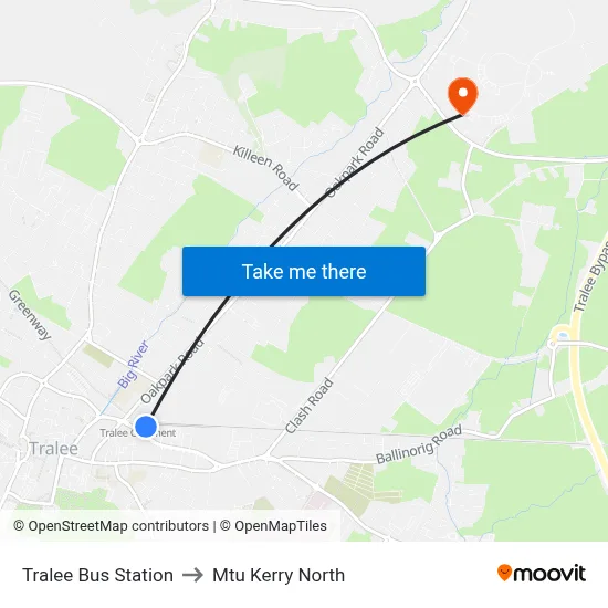 Tralee Bus Station to Mtu Kerry North map