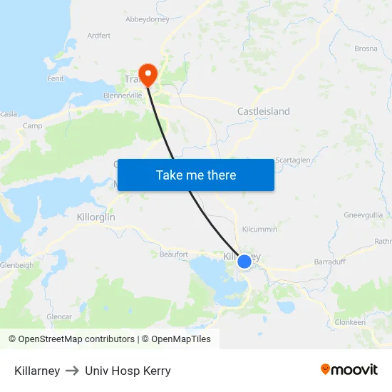 Killarney to Univ Hosp Kerry map