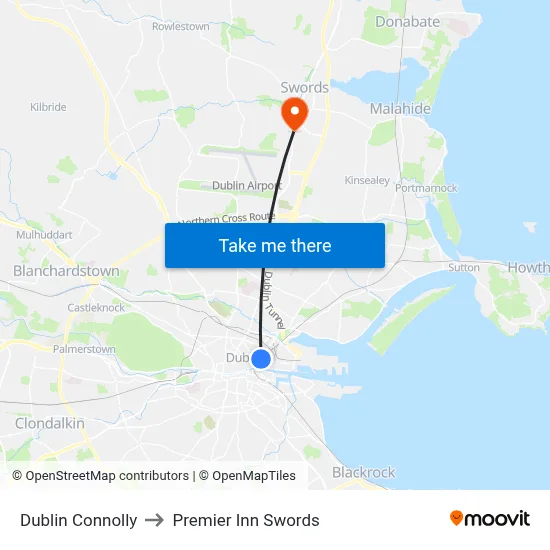 Dublin Connolly to Premier Inn Swords map