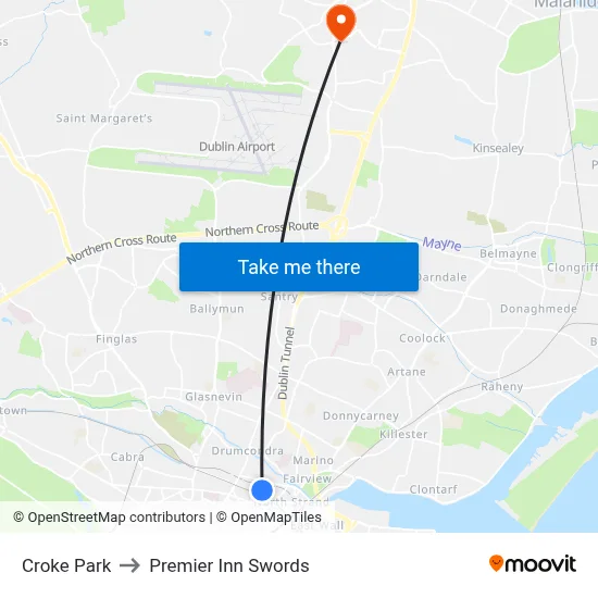 Croke Park to Premier Inn Swords map