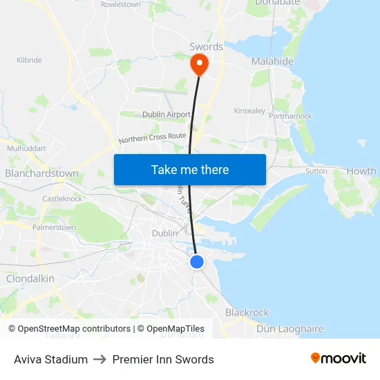 Aviva Stadium to Premier Inn Swords map