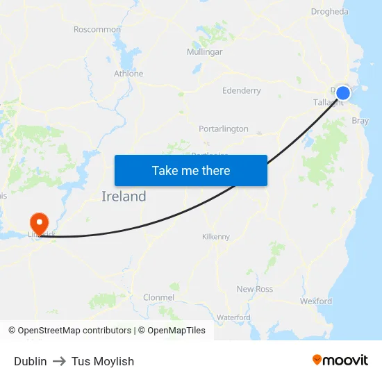Dublin to Tus Moylish map