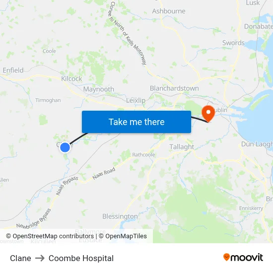 Clane to Coombe Hospital map