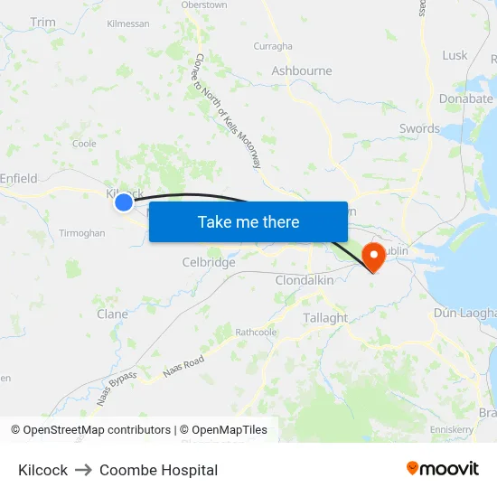Kilcock to Coombe Hospital map