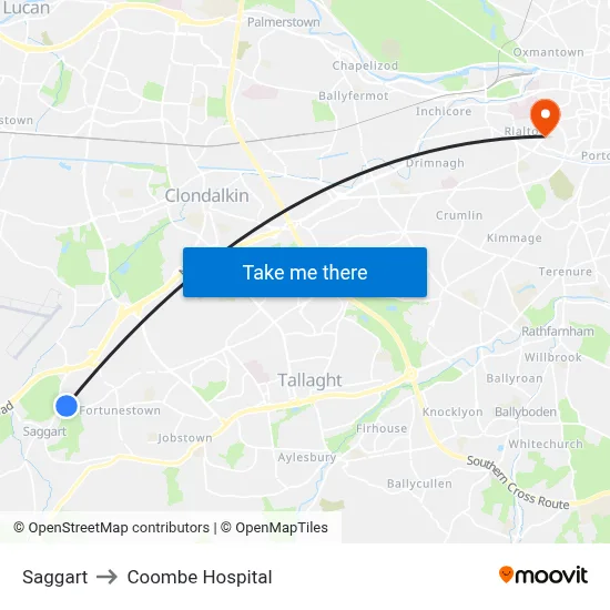 Saggart to Coombe Hospital map