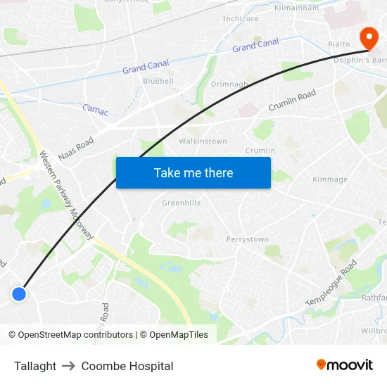Tallaght to Coombe Hospital map