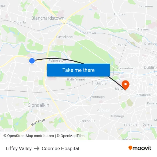 Liffey Valley to Coombe Hospital map
