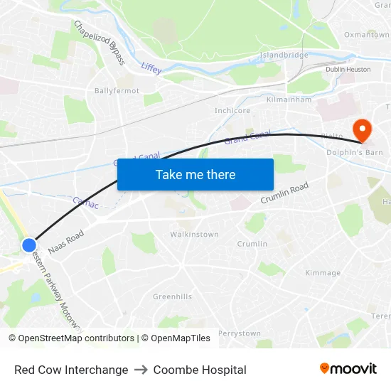 Red Cow Interchange to Coombe Hospital map