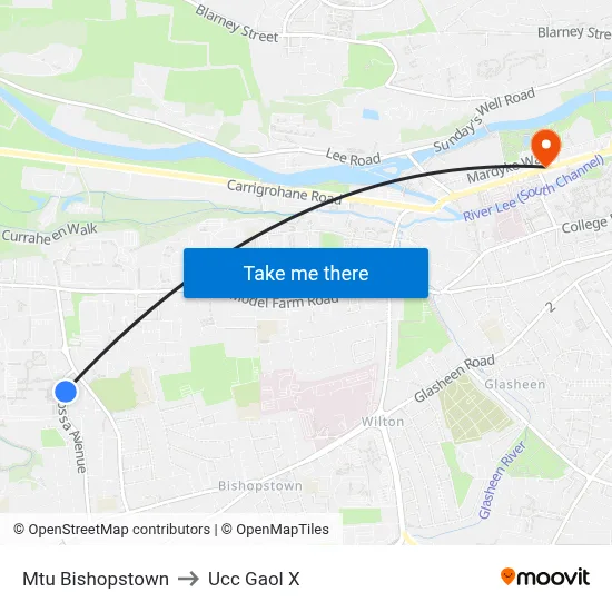 Mtu Bishopstown to Ucc Gaol X map