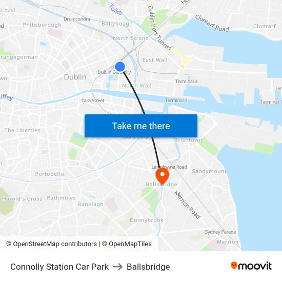 Connolly Station Car Park to Ballsbridge map