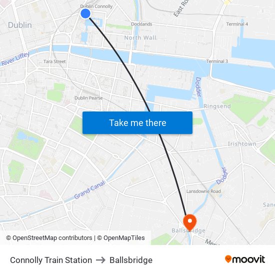 Connolly Train Station to Ballsbridge map