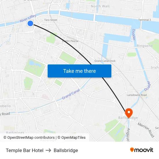 Temple Bar Hotel to Ballsbridge map