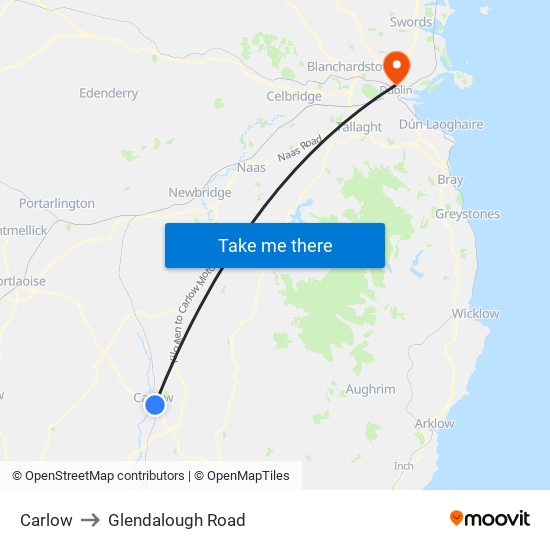 Carlow to Glendalough Road map
