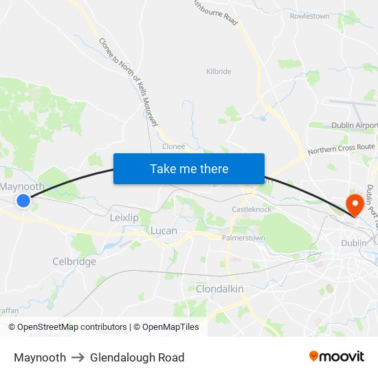 Maynooth to Glendalough Road map