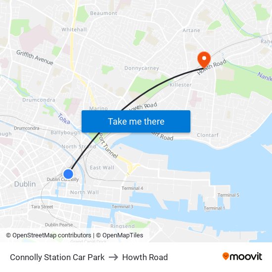 Connolly Station Car Park to Howth Road map