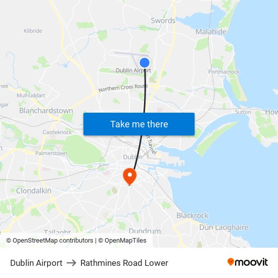 Dublin Airport to Rathmines Road Lower map