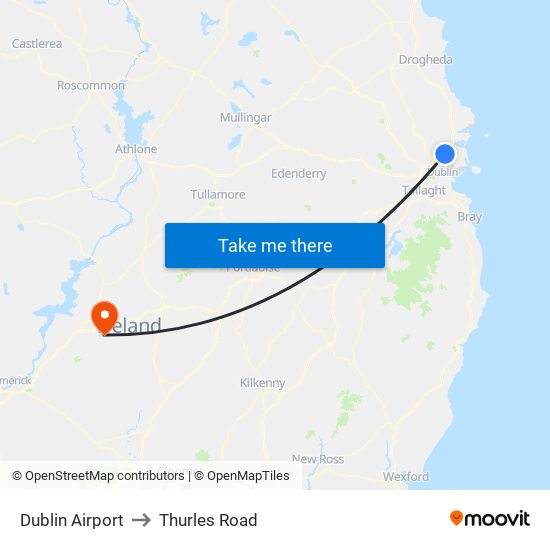 Dublin Airport to Thurles Road map