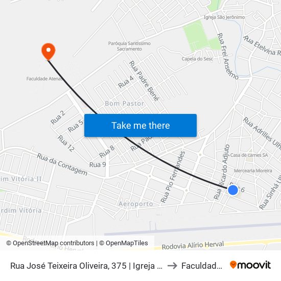 Rua José Teixeira Oliveira, 375 | Igreja Santuário Dos Milagres to Faculdade Atenas map