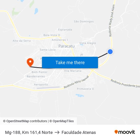 Mg-188, Km 161,4 Norte to Faculdade Atenas map