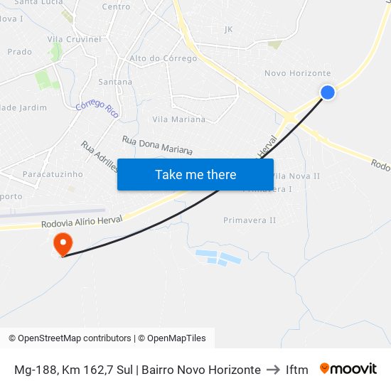 Mg-188, Km 162,7 Sul | Bairro Novo Horizonte to Iftm map