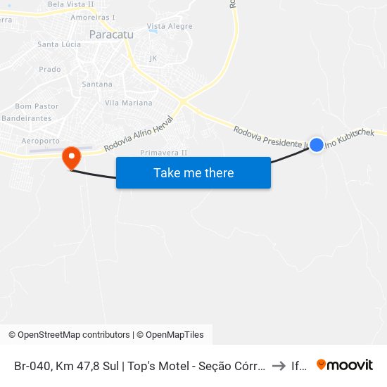 Br-040, Km 47,8 Sul | Top's Motel - Seção Córrego Rico to Iftm map