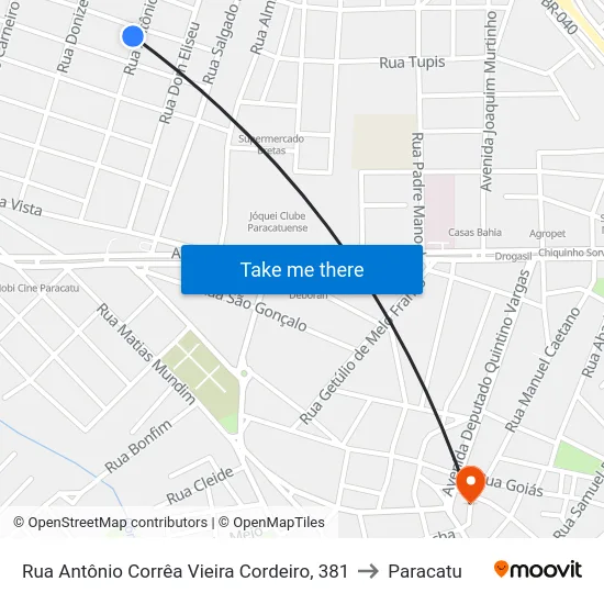 Rua Antônio Corrêa Vieira Cordeiro, 381 to Paracatu map