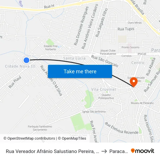 Rua Vereador Afrânio Salustiano Pereira, 83 to Paracatu map