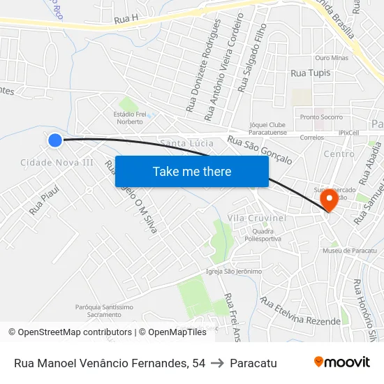 Rua Manoel Venâncio Fernandes, 54 to Paracatu map