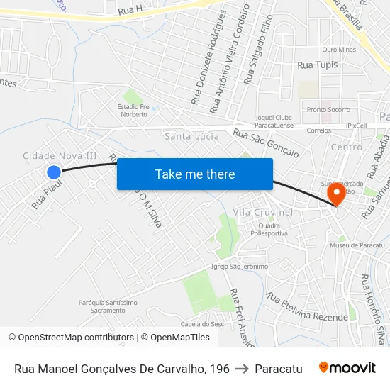 Rua Manoel Gonçalves De Carvalho, 196 to Paracatu map