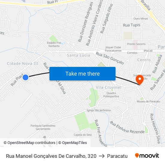 Rua Manoel Gonçalves De Carvalho, 320 to Paracatu map