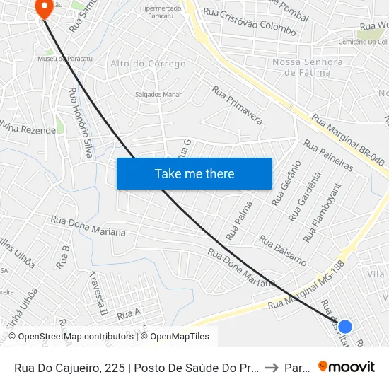 Rua Do Cajueiro, 225 | Posto De Saúde Do Primavera - Ponto Final Da Linha 02 to Paracatu map