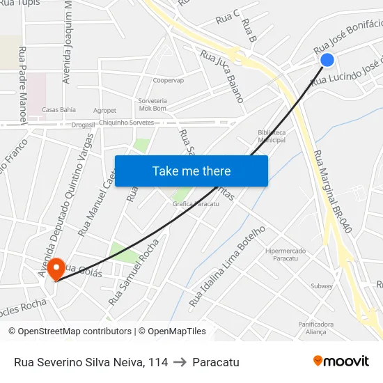 Rua Severino Silva Neiva, 114 to Paracatu map