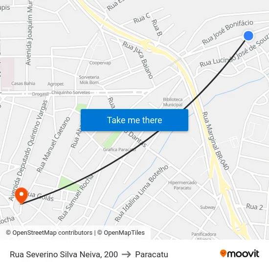 Rua Severino Silva Neiva, 200 to Paracatu map