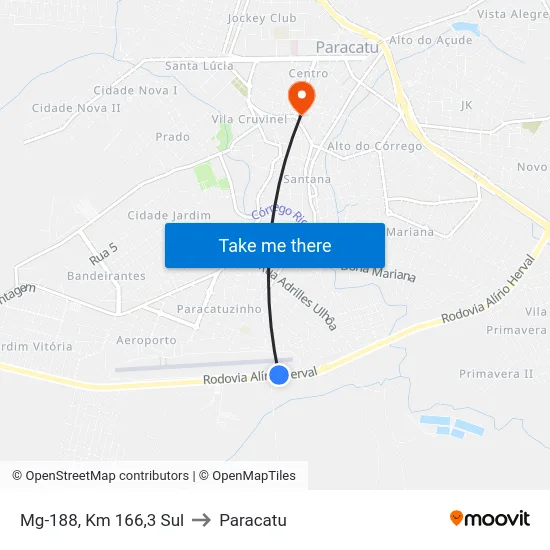 Mg-188, Km 166,3 Sul to Paracatu map