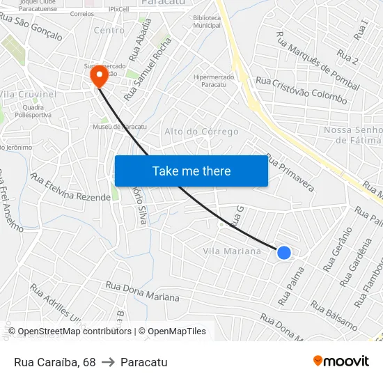 Rua Caraíba, 68 to Paracatu map