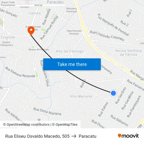 Rua Eliseu Osvaldo Macedo, 505 to Paracatu map