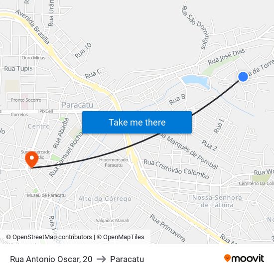 Rua Antonio Oscar, 20 to Paracatu map