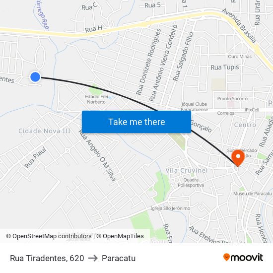 Rua Tiradentes, 620 to Paracatu map