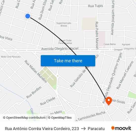 Rua Antônio Corrêa Vieira Cordeiro, 223 to Paracatu map