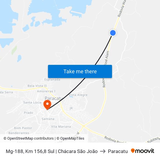 Mg-188, Km 156,8 Sul | Chácara São João to Paracatu map