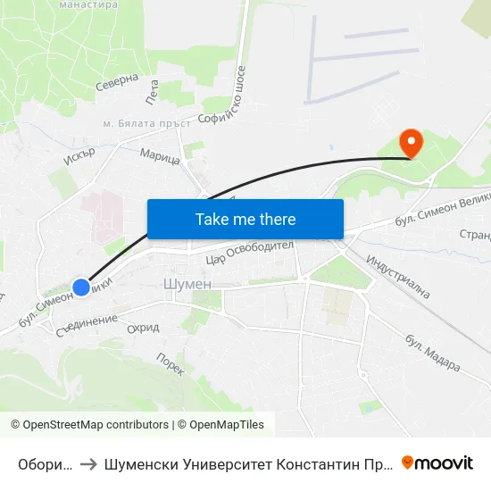 Оборище to Шуменски Университет Константин Преславски map